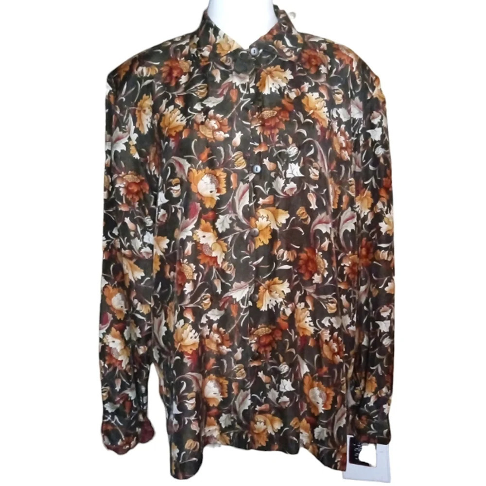 Vintage Stunt Olive Green Fall Color Floral Foliage Silk Blouse Size Large NWT